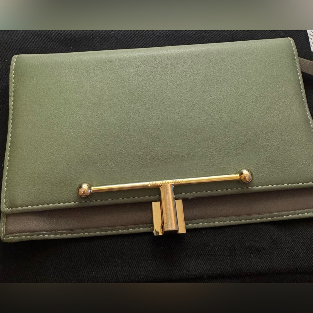 Strathberry Large Melville Street Wallet in Green Leather with Gold Hardware
